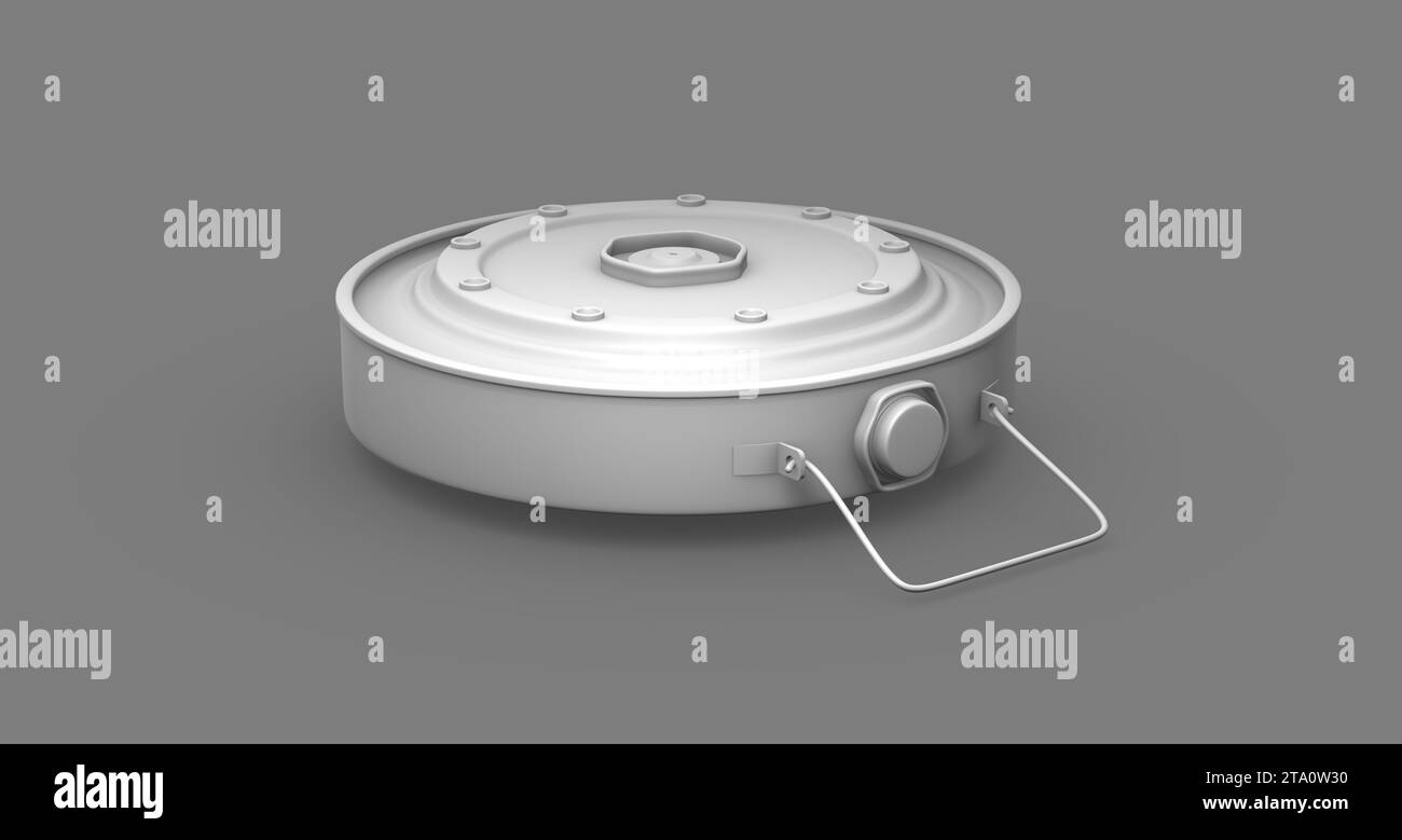 White Military Tank Mine on a Gray Studio Background. Perspective view. Monochrome. Minimal Concept. 3D Render. Stock Photo