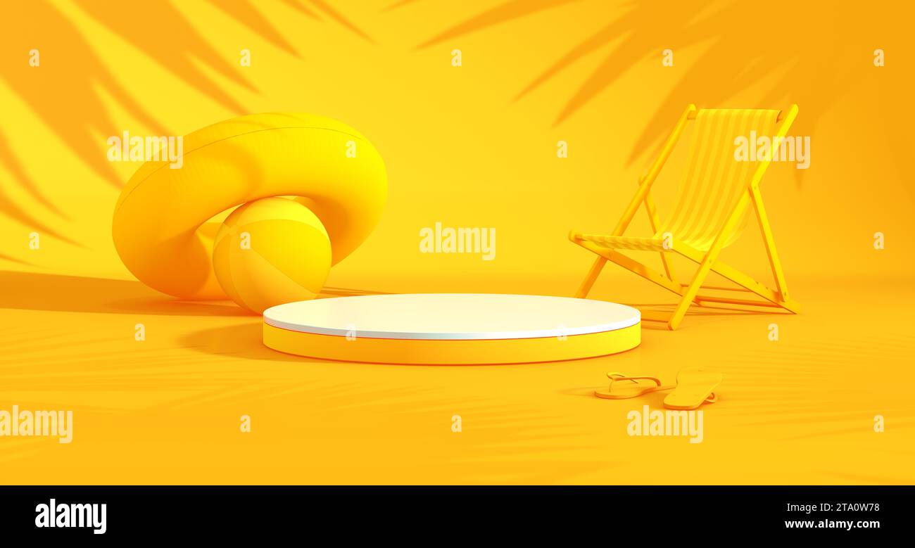 White and Yellow Podium for Product Concept on a Yellow Studio Background With Beach Toys and Chair. Summer Time. Minimal Concept. 3D Render. Stock Photo