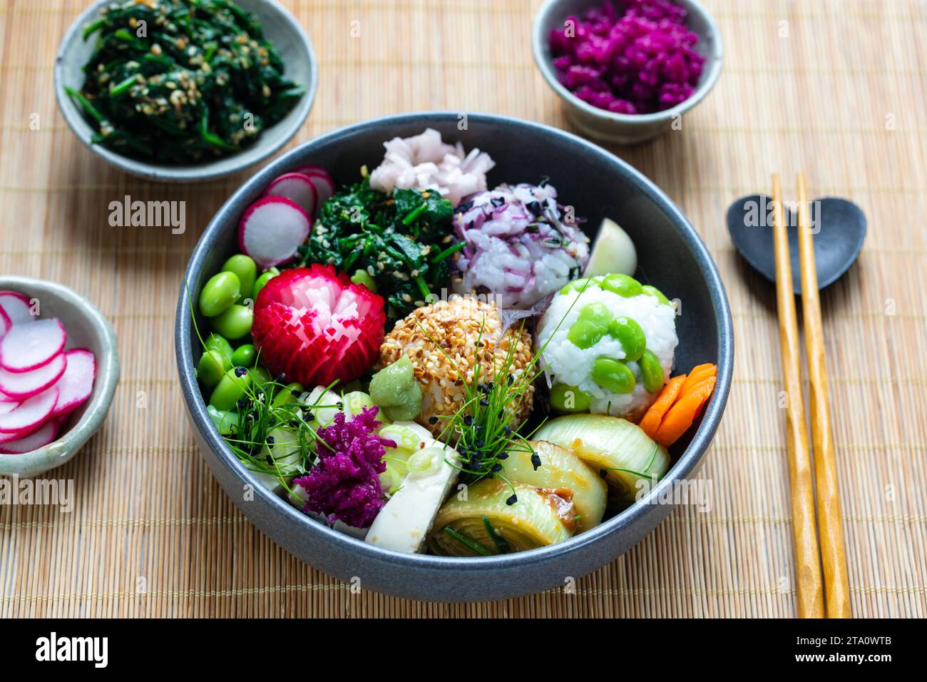 Japanese lunch with silken tofu, onigiri, spinach gomae, miso leeks ad
