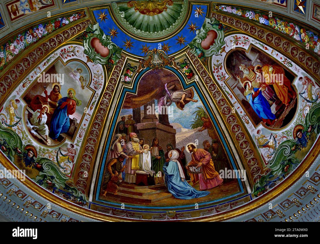 Mosaic The presentation of Jesus in the Temple,   Marriage of the Virgin Mary - Holy family of Nazareth, Chapel of Saint Joseph Interior Pontifical Shrine of the Blessed Virgin of the Rosary of Pompei , Cathedral of Pompeii - Sanctuary of Our Lady of the Rosary of Pompeii,   founded, 1876 - 1891, Italy, Italian, Stock Photo