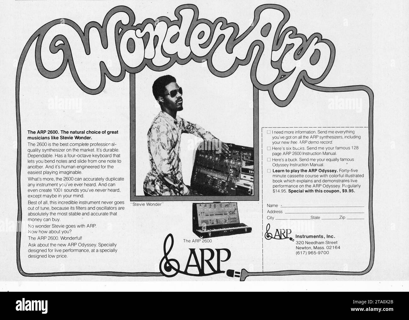Stevie Wonder in an early 1970s advertisement for ARP Synthesizers. ARPs were manufactured from the 1960s to the 1980s. Stock Photo