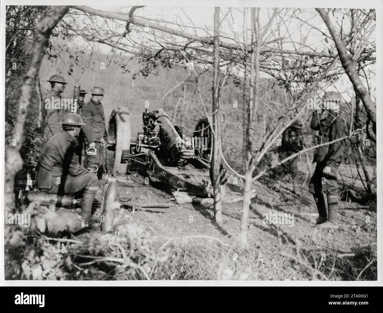 WW1 World War I -  A gun in action, British artillery piece, Italy Stock Photo