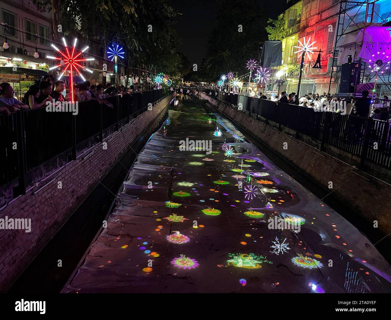Bangkok, Thailand. 27th Nov, 2023. Digital water lanterns are seen at a canal during the Loy Krathong Festival in Bangkok, Thailand, Nov. 27, 2023. Credit: Chen Jiabao/Xinhua/Alamy Live News Stock Photo