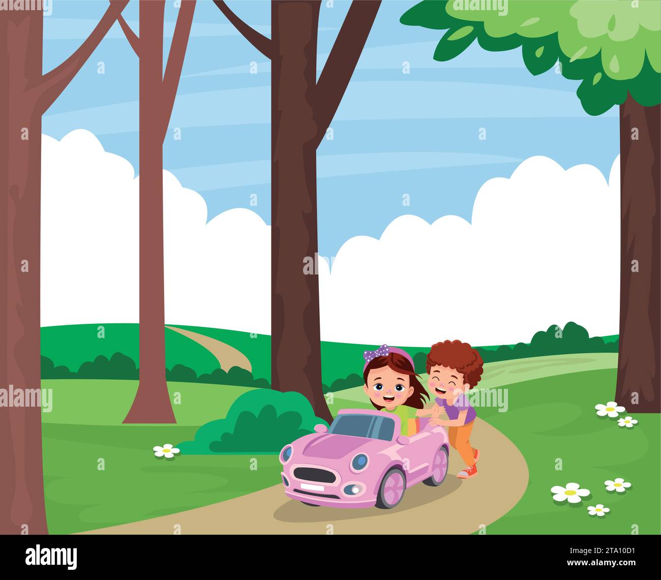 Cute boy driving a toy electric car vector cartoon illustration isolated on white background Stock Vector