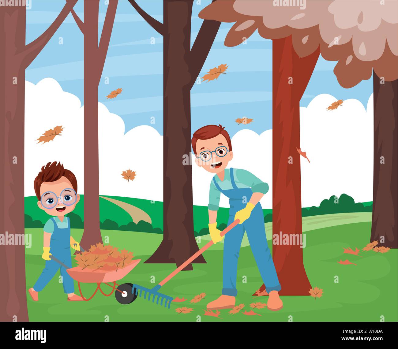 dad and cute boy cleaning dried leaves Stock Vector