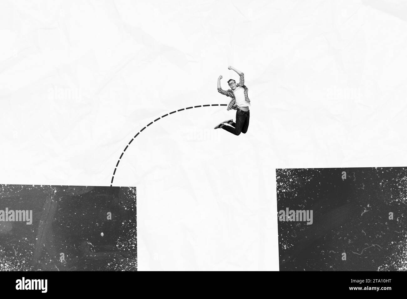 Creative trend collage of funny risky man jumping over abyss start up ...