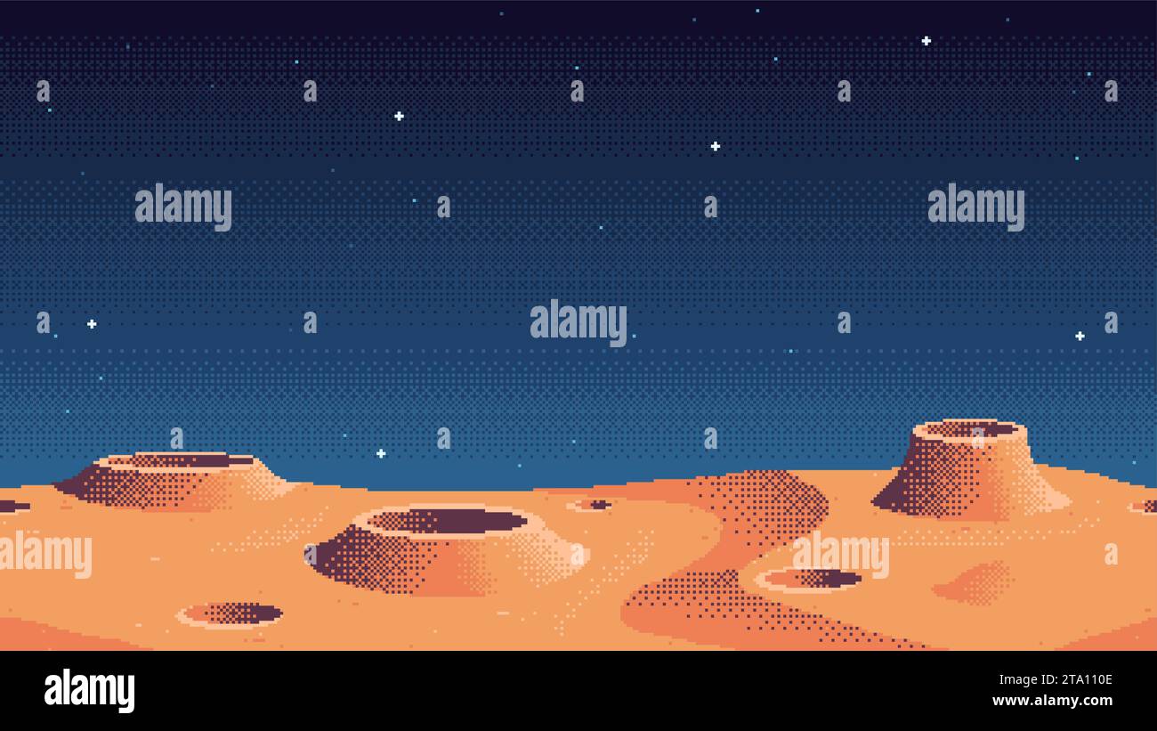 Pixel art game location. Cosmic area, planet surface riddled with craters. Seamless vector background Stock Vector