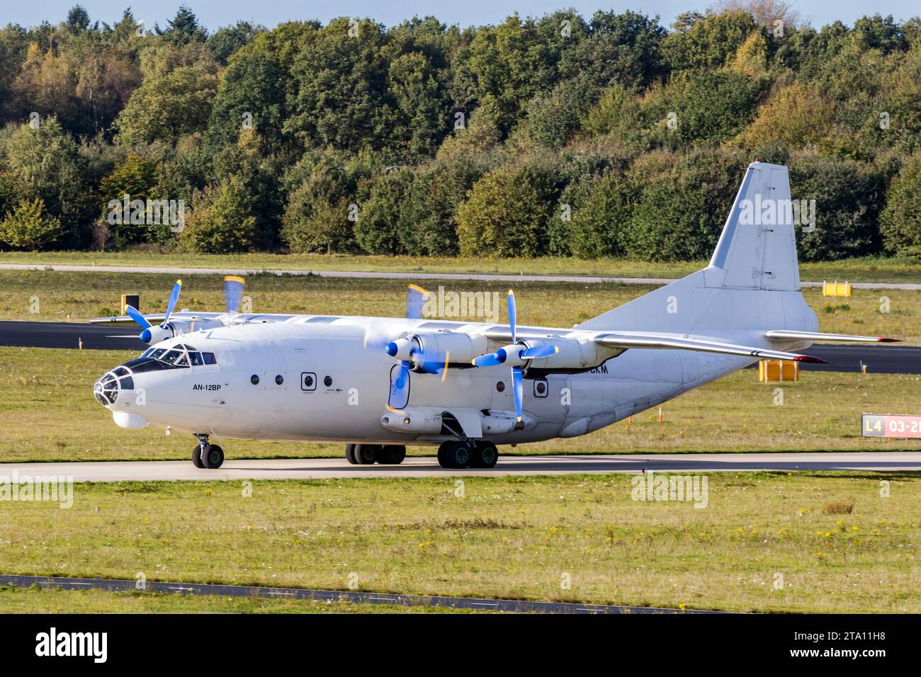 Ukrainian Antonov An-12 cargo plane arriving at Eindhoven airport. The Netherlands- OCtober 27, 2017. Stock Photo