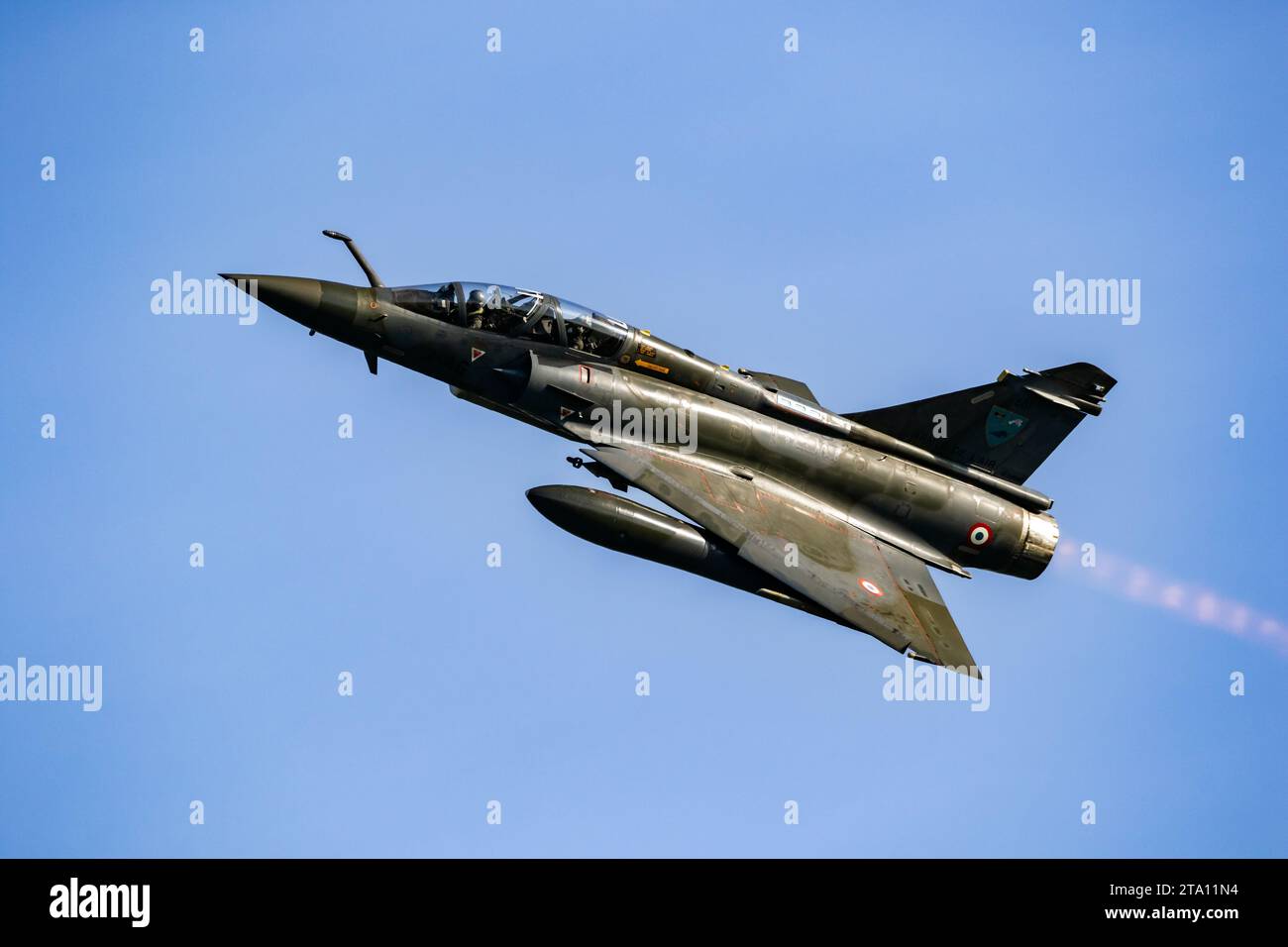 French Air Force Dassault Mirage 2000 fighter jet aircraft in flight over Leeuwarden Air Base. The Netherlands - April 19, 2018 Stock Photo