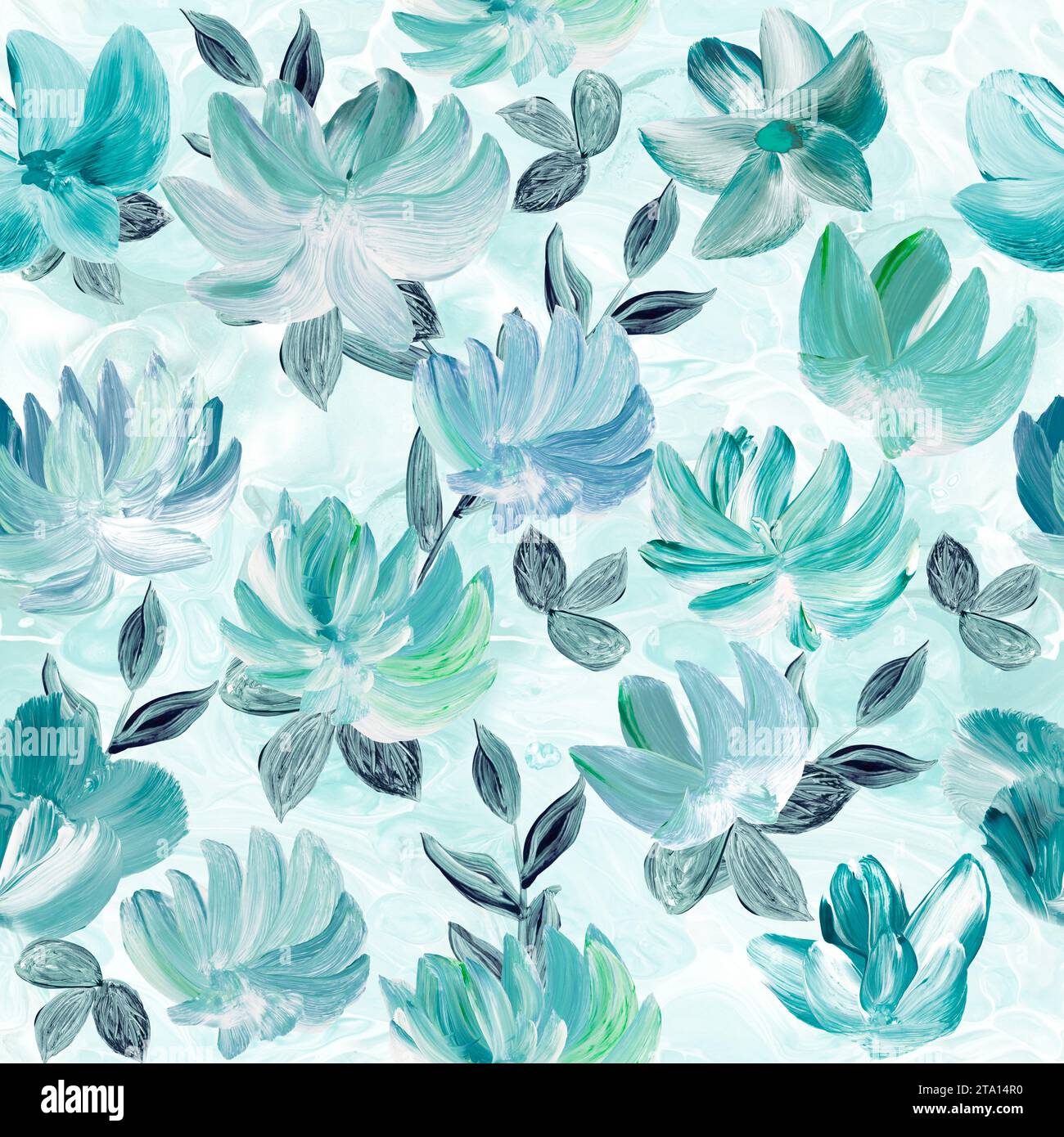 Seamless pattern of abstract turquoise flowers, original hand drawn, impressionism style, color texture, brush strokes of paint,  art background.  Mod Stock Photo