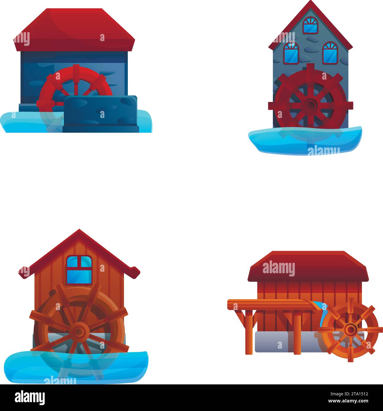 Watermill icons set cartoon vector. Wooden structure that uses river