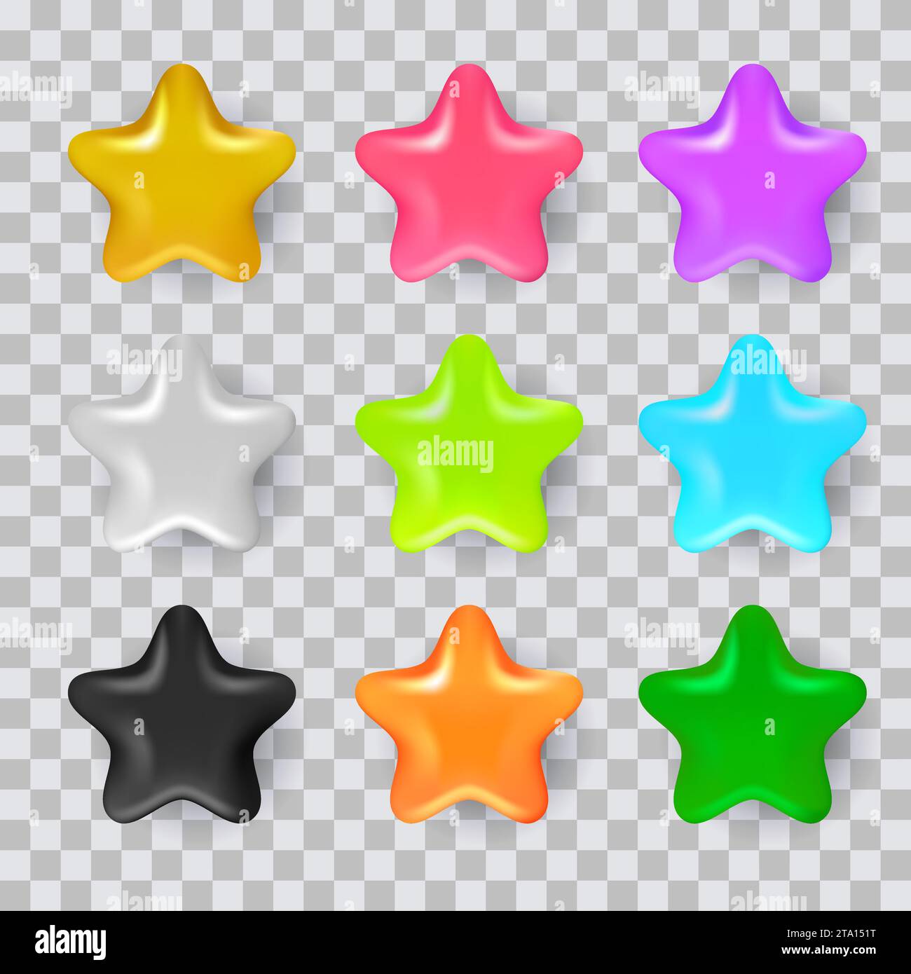 Colorful realistic 3d stars set. Vector glossy plastic design elements collection. Multicolored star shape, isolated on transparent background Stock Vector