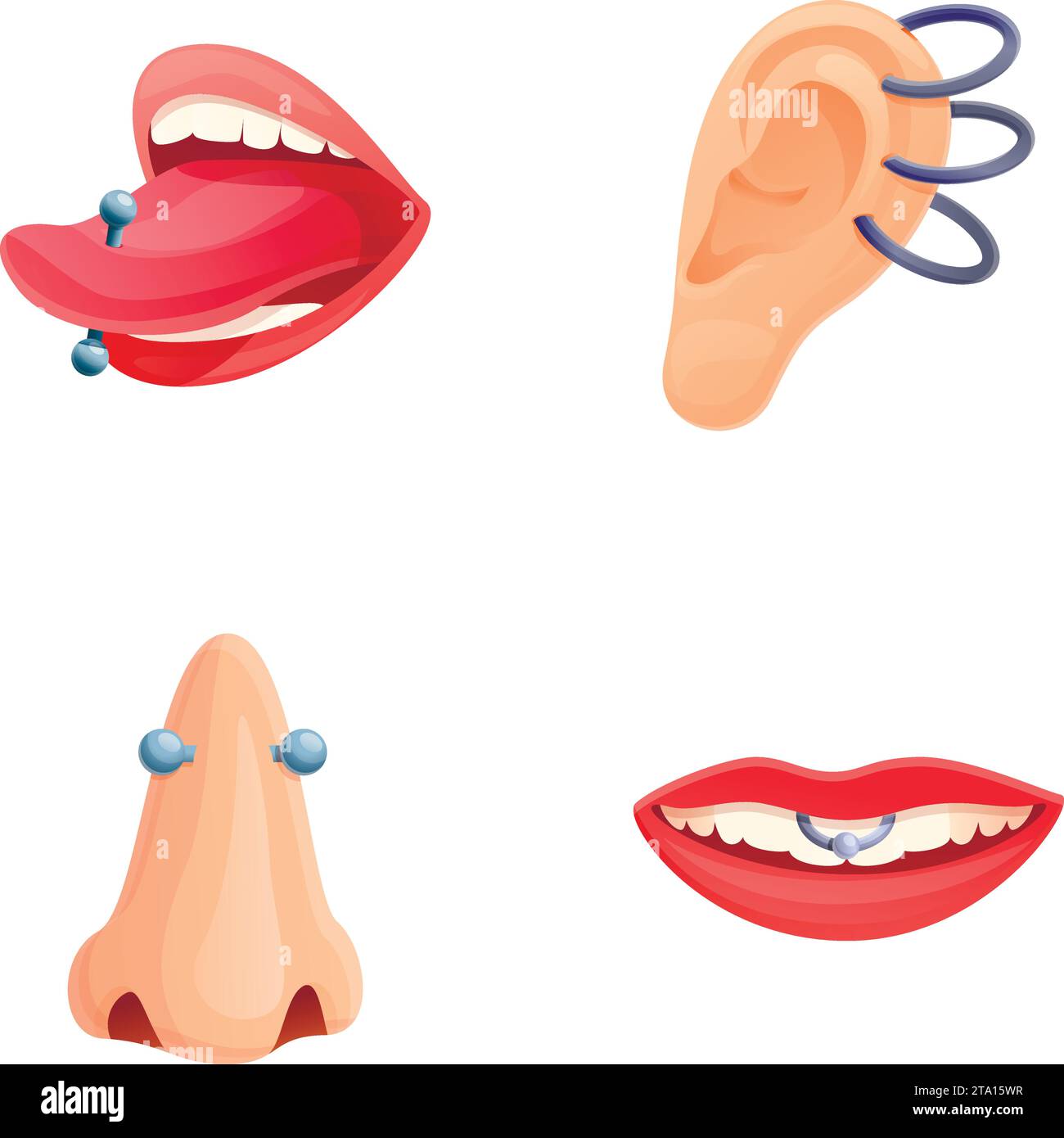 Piercing icons set cartoon vector. Piercing of various body part. Mechanical modification human body Stock Vector