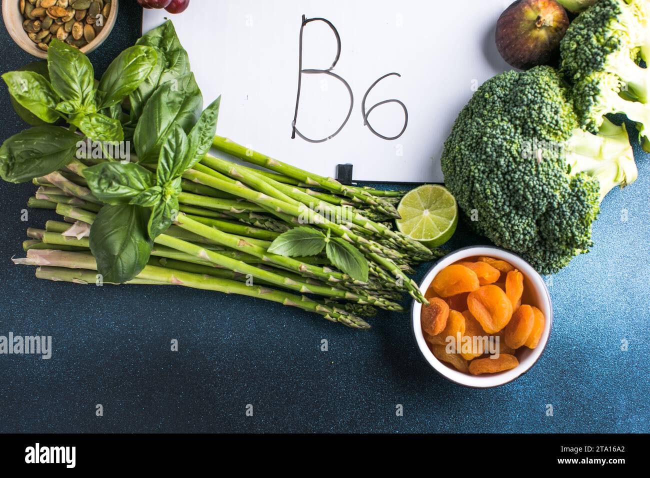 A set of natural products rich in vitamin B6 Pyridoxine.Iron rich food. Assortment of fruits and