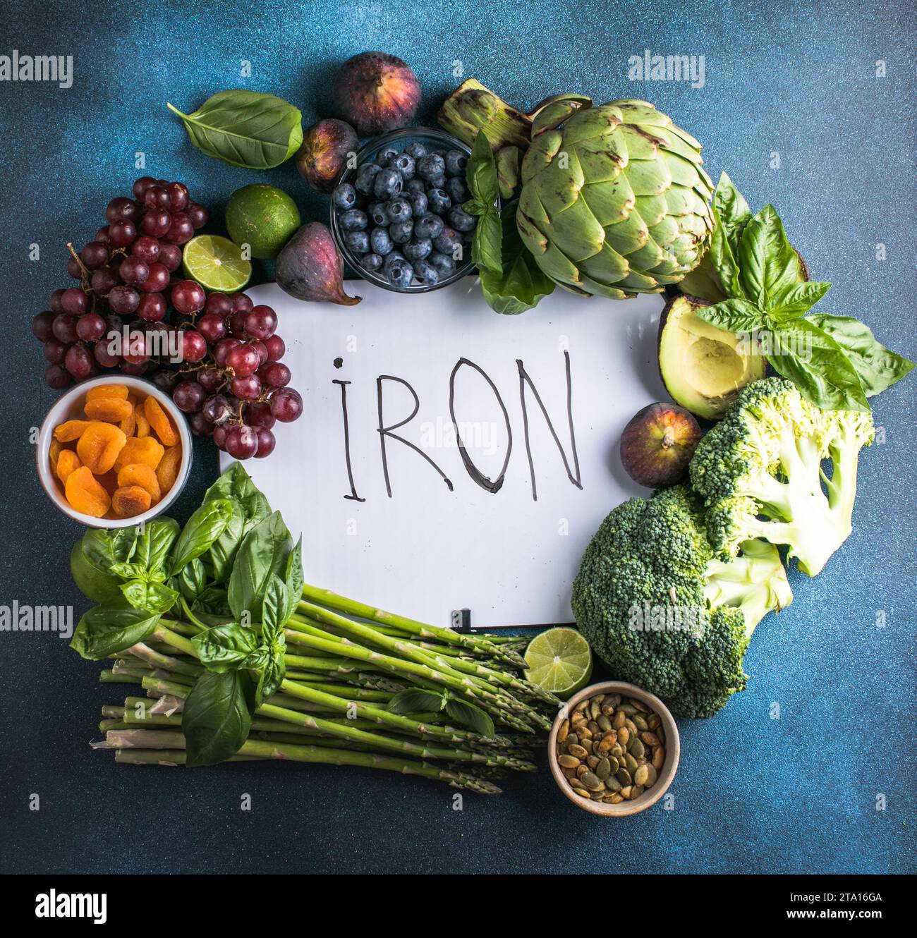 Iron rich food. Assortment of fruits and vegetables to prevent or fight anemia naturally. Natural sources of iron. Stock Photo