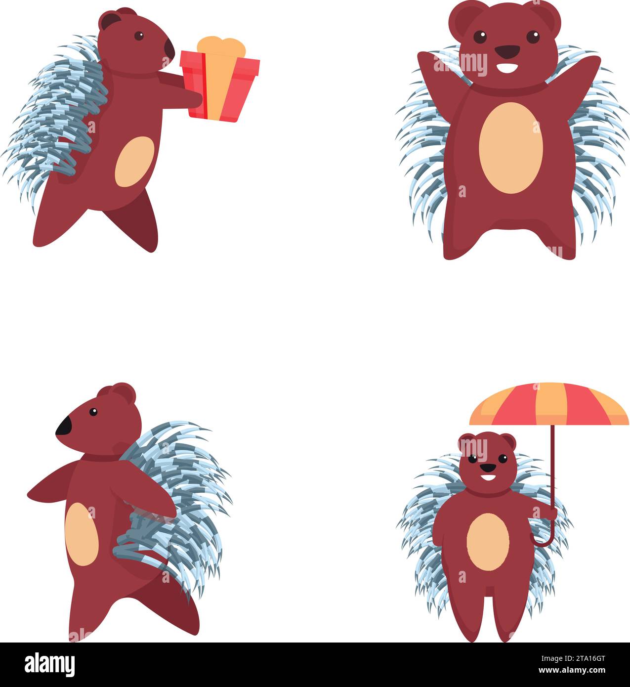 Cute porcupine icons set cartoon vector. Funny porcupine with umbrella and gift. Cartoon character Stock Vector