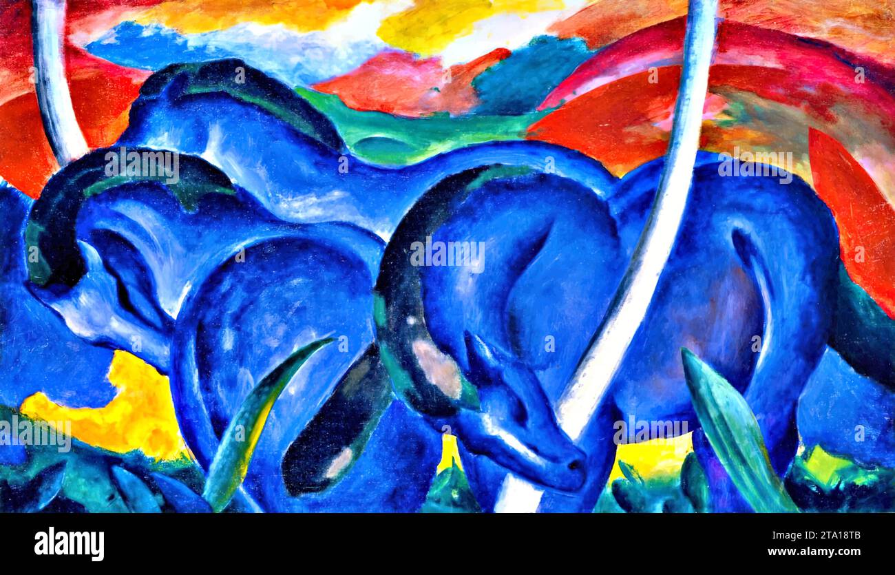 Big blue horses, 1911 (oil on canvas) by Artist Marc, Franz (1880-1916) / German. Stock Vector