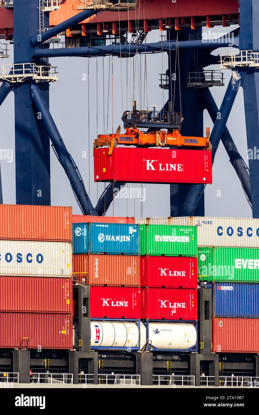 Crane operator unloading a sea container from a cargo ship in the Port ...