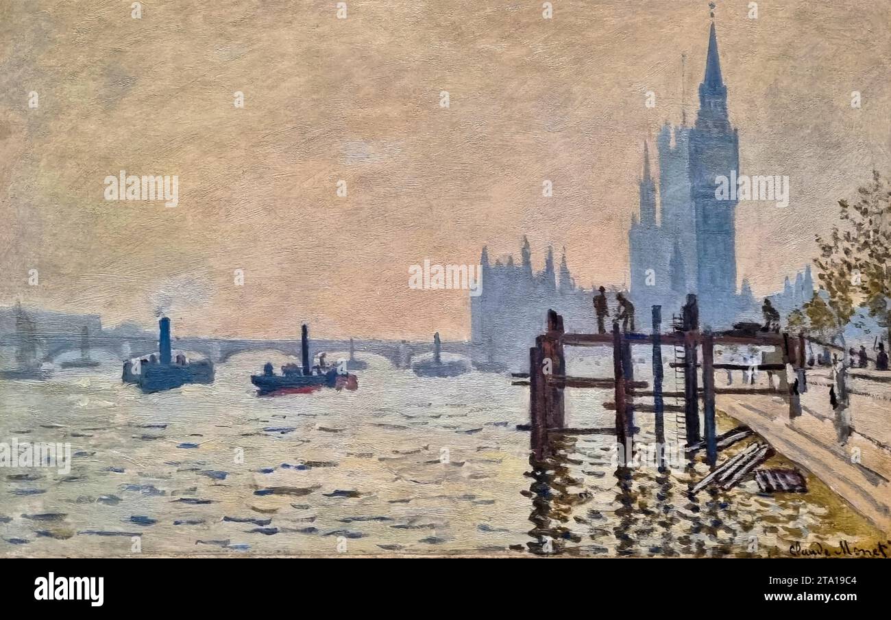 The Thames below Westminster, 1871 (oil on canvas) by Artist Monet, Claude (1840-1926) / French. Stock Vector