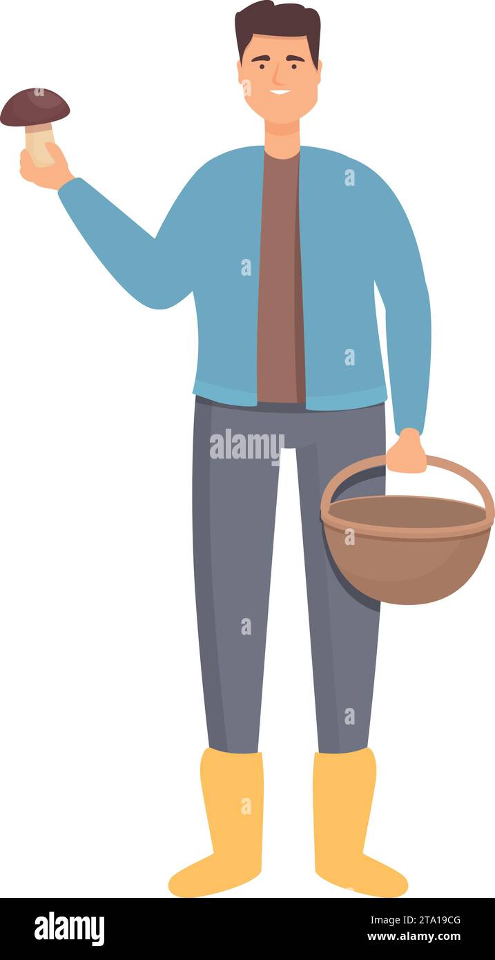 Mushroom picker in rainy boots icon cartoon vector. Smile fall vacation ...