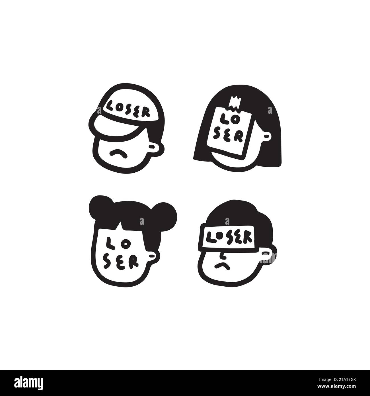 Set of hand drawn vector illustration of word “loser” written on face in cartoon style. A man and girl with note on the forehead. Stock Vector