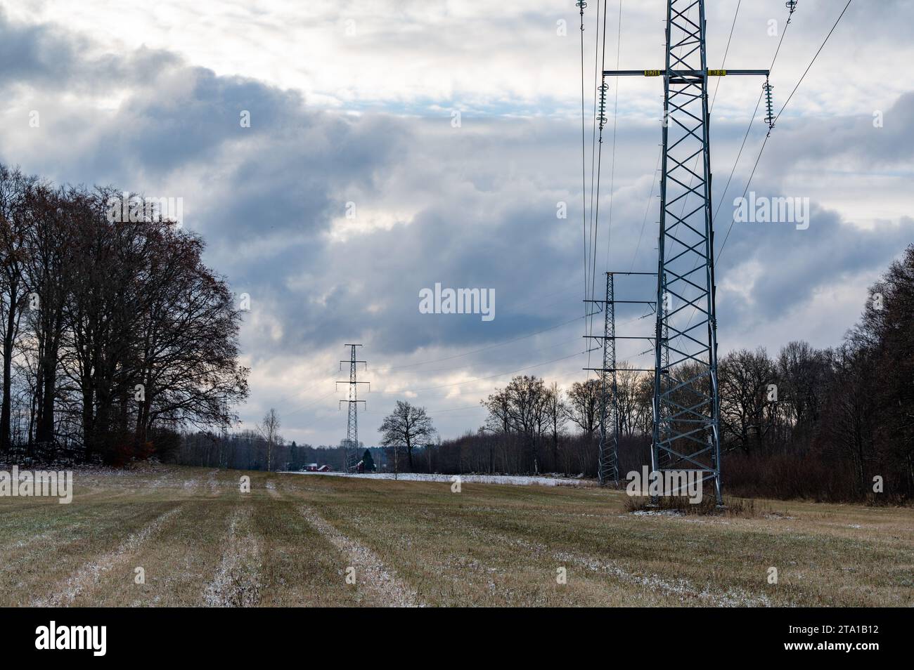 power lines on field infront of cloudy sky Stock Photo - Alamy