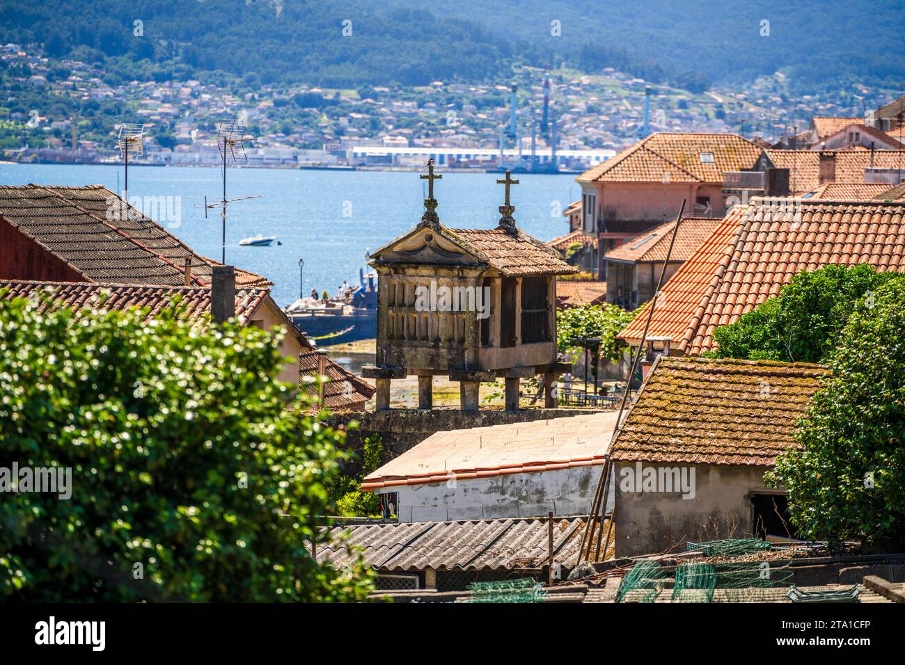 Beautiful old granary, ocean, mountains, Combarro, Spain, Galicia Stock Photo