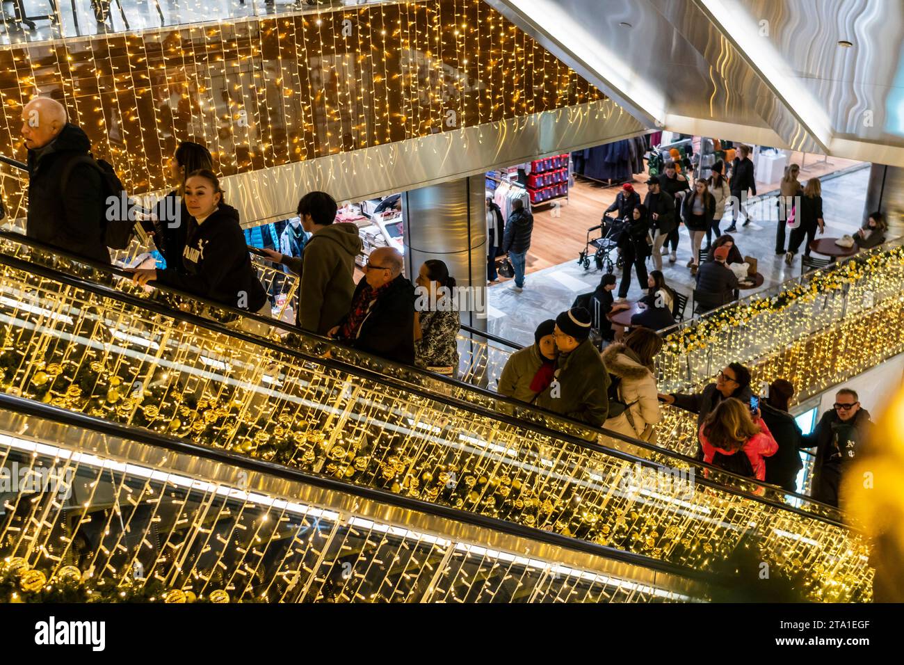 The Hudson Yards Mall is decorated for Christmas with their “Shine Bright” display with over 2 million lights, in New York seen on Sunday, November 26, 2023. (© Richard B. Levine) Stock Photo