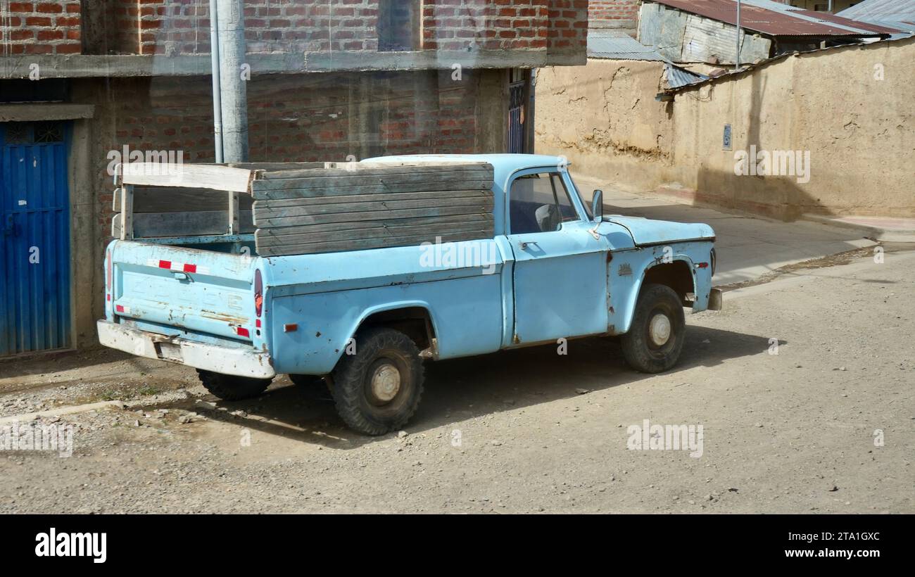 Pale Blue vintage Dodge Pickup with wooden rear cover. Puno, Peru, October 8, 2023. Stock Photo