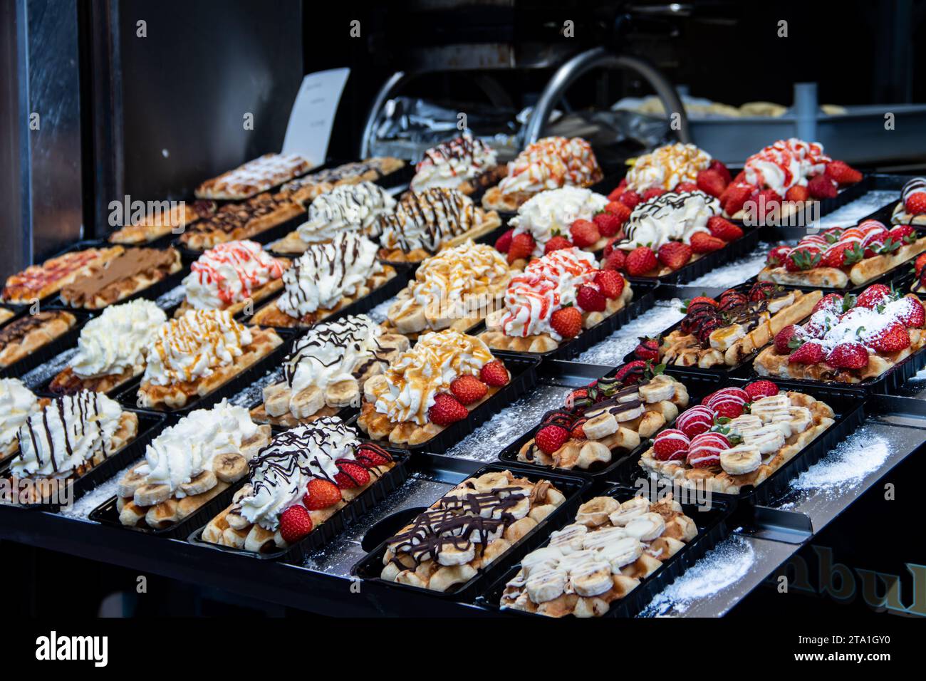 Waffles and Waffle, typical pastries with variety of flavors, in