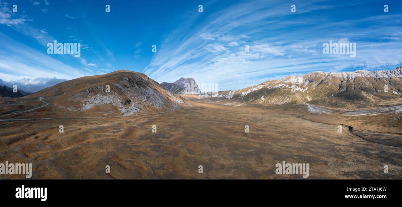 drone panorama landscape of Little Tibet in the Gran Sasso and Monti della Laga National Park in Abruzzo Stock Photo