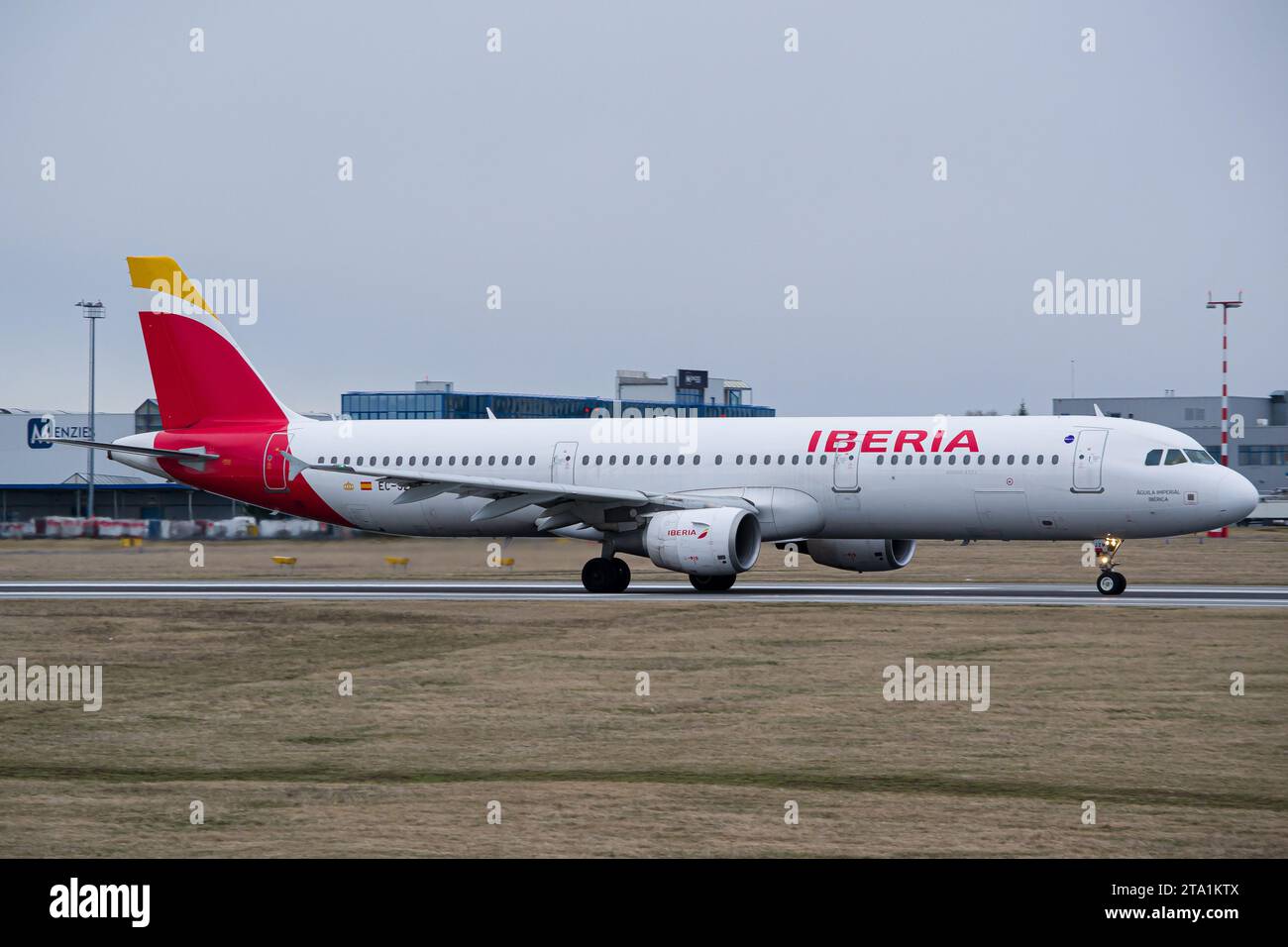 Iberia Airbus A321 starting its takeoff roll at Prague Airport Stock Photo