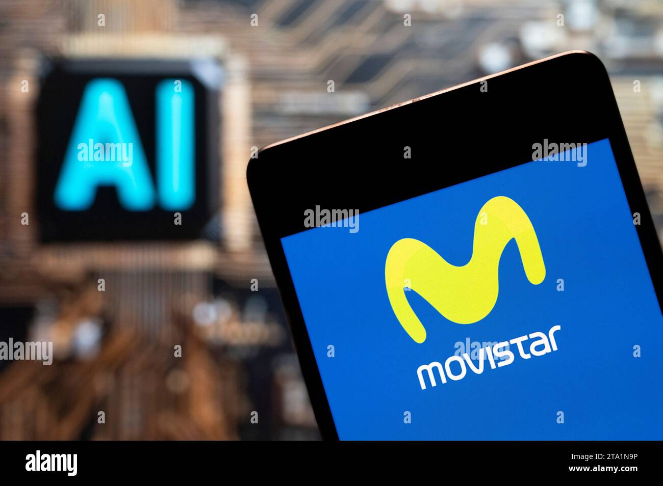 China. 03rd Nov, 2023. In this photo illustration, the Spanish telecommunications brand owned by Telefonica and largest mobile phone operator, Movistar, logo seen displayed on a smartphone with an Artificial intelligence (AI) chip and symbol in the background. Credit: SOPA Images Limited/Alamy Live News Stock Photo