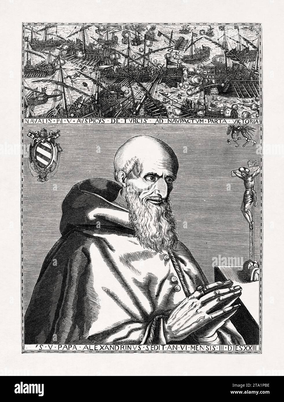 Portrait of Pope Pius V from a 16th century unknown artist. The Pope Saint who, thanks to the games of political alliances, facilitated the victory of Stock Photo