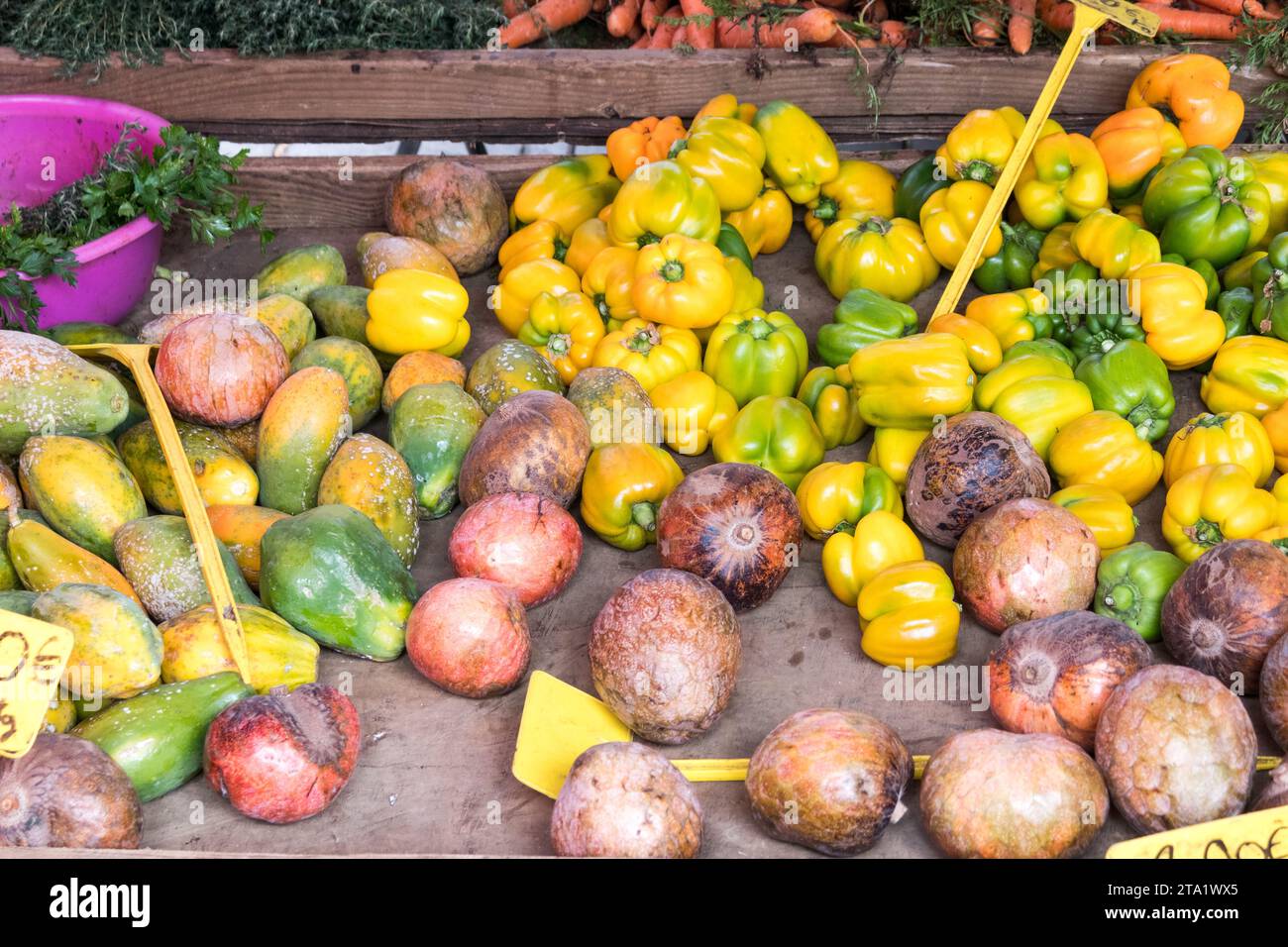 Peppers and papayas at the public market in StLeu, Reunion Island