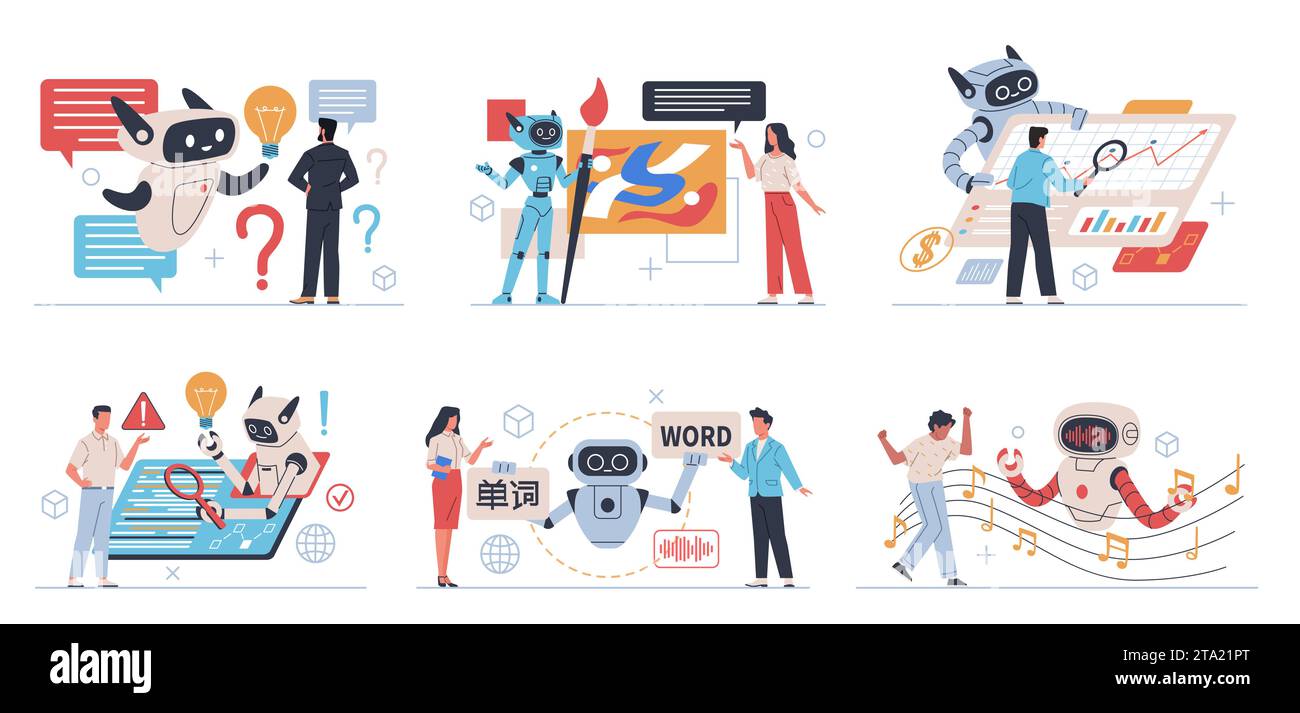 Artificial intelligence interacts with people. Computing system self development, chatbots help, robot executes commands, translator, artist and Stock Vector