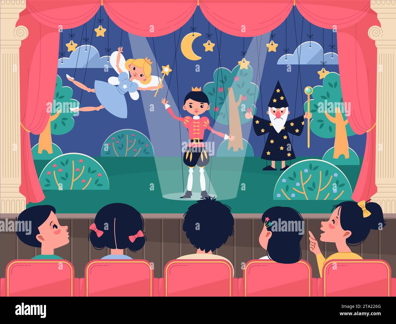 Children watch puppet show. Happy kids in auditorium at theatrical