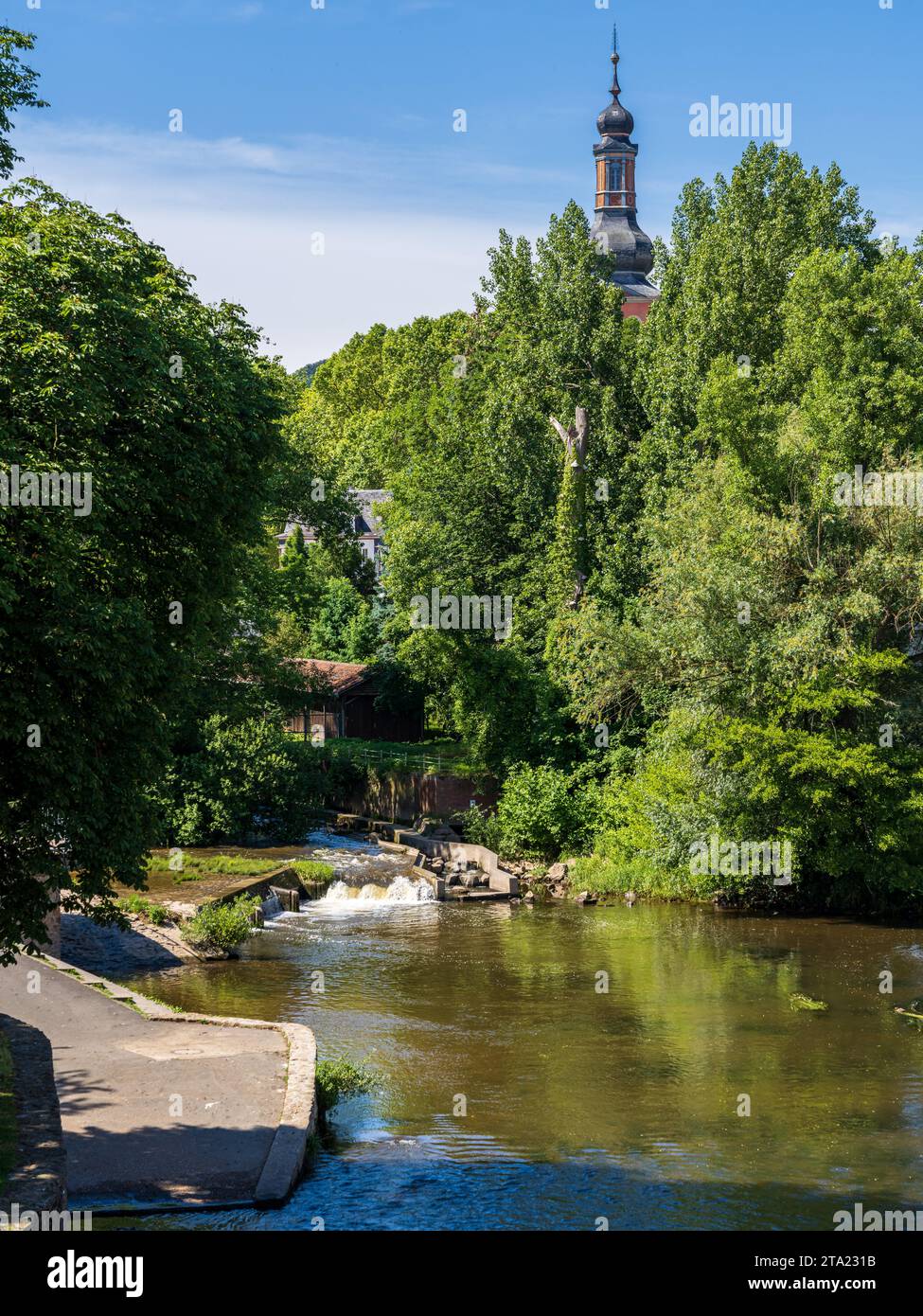 Bad Kreuznach, Rhineland-Palatine, Germany - June 29, 2021: View at the River Nahe and the Pauluskirche in the background Stock Photo