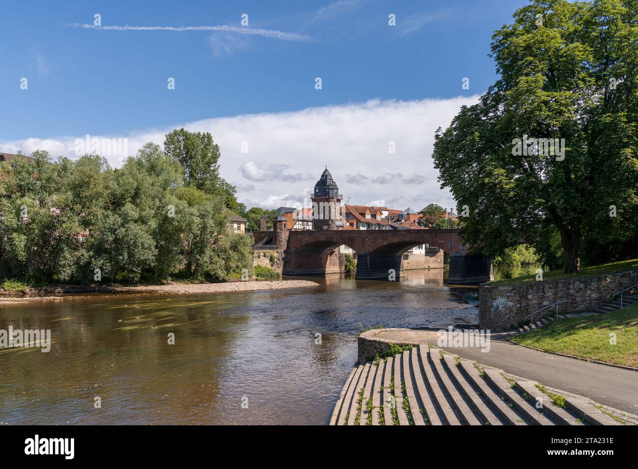 Bad Kreuznach, Rhineland-Palatine, Germany - June 29, 2021: View at the bridge over the River Nahe and the city Stock Photo