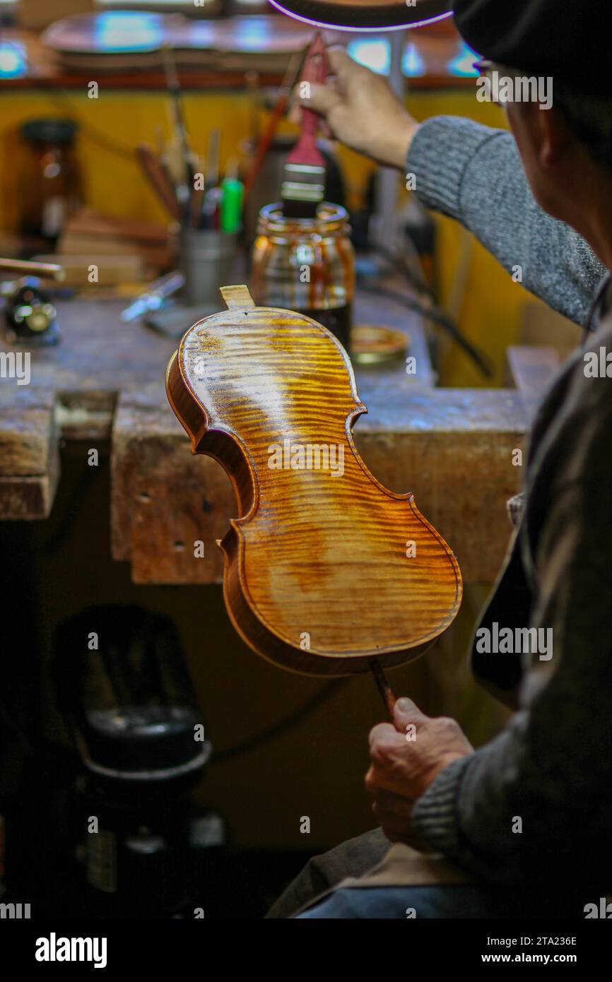 Senior expert violin maker luthier varnish with brush classic handmade