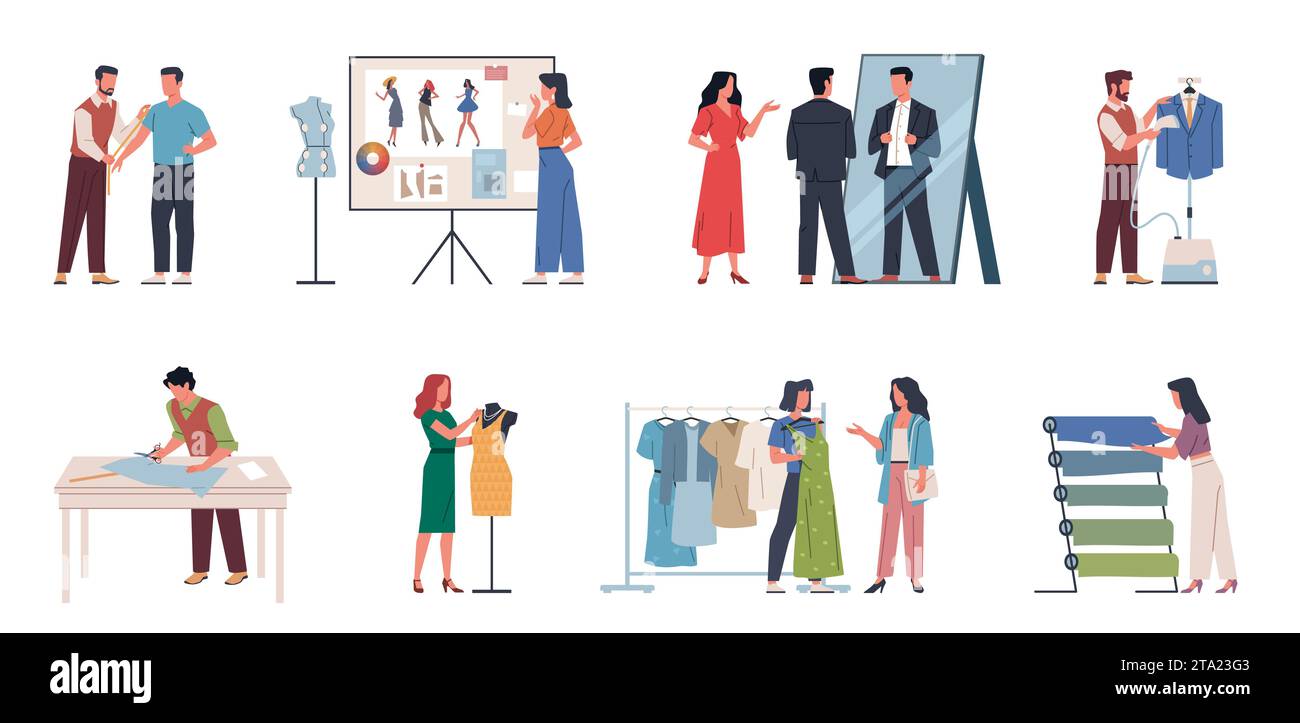 Garment production. Dressmakers, designers and cutters work, people