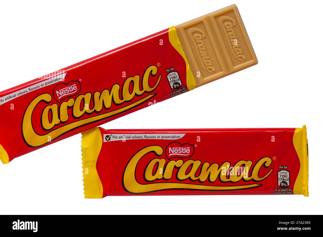 bars of Nestle Caramac chocolate one opened to show contents set on white background - looking down on from above - The Caramel Flavour bar Stock Photo