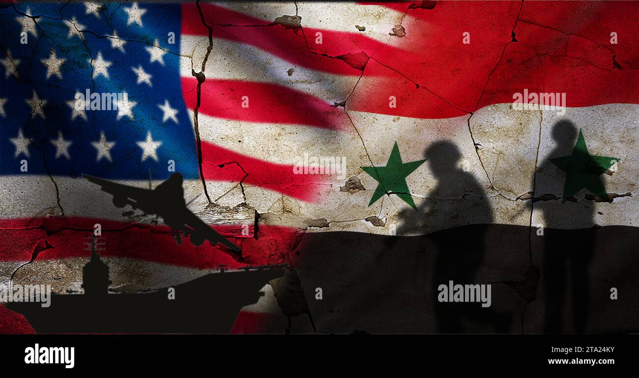 Conflict between USA and Syria concept. Political tension between the USA and Syria. United States vs Syria flag on cracked wall Stock Photo
