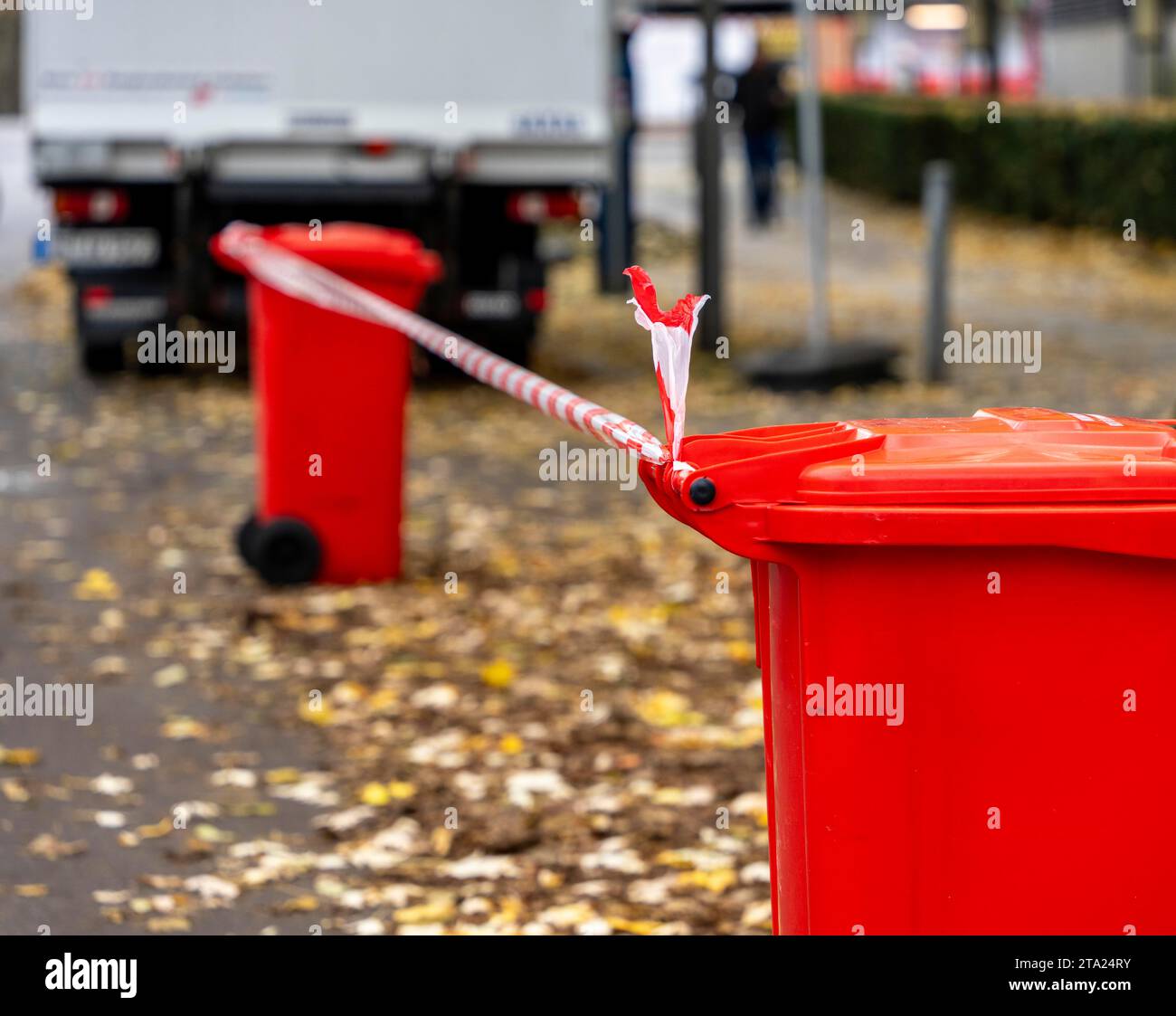 Barrier, red rubbish bins with red and white barrier tape, Berlin ...