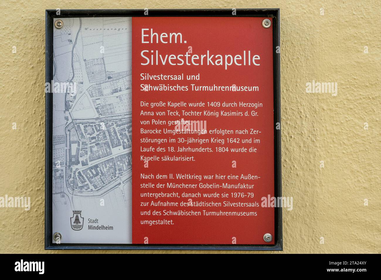 Information board, Former Silvester Chapel, Silvester Hall and Swabian Tower Clock Museum, Mindelheim, Bavaria, Germany Stock Photo