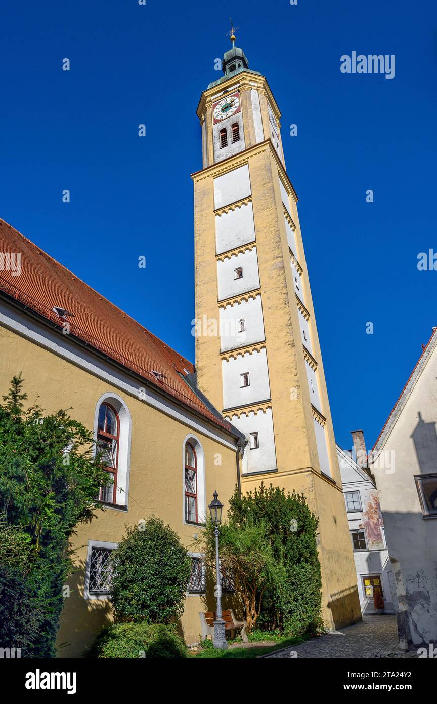 Former Silvester Chapel, Silvester Hall and Swabian Tower Clock Museum, Mindelheim, Bavaria, Germany Stock Photo