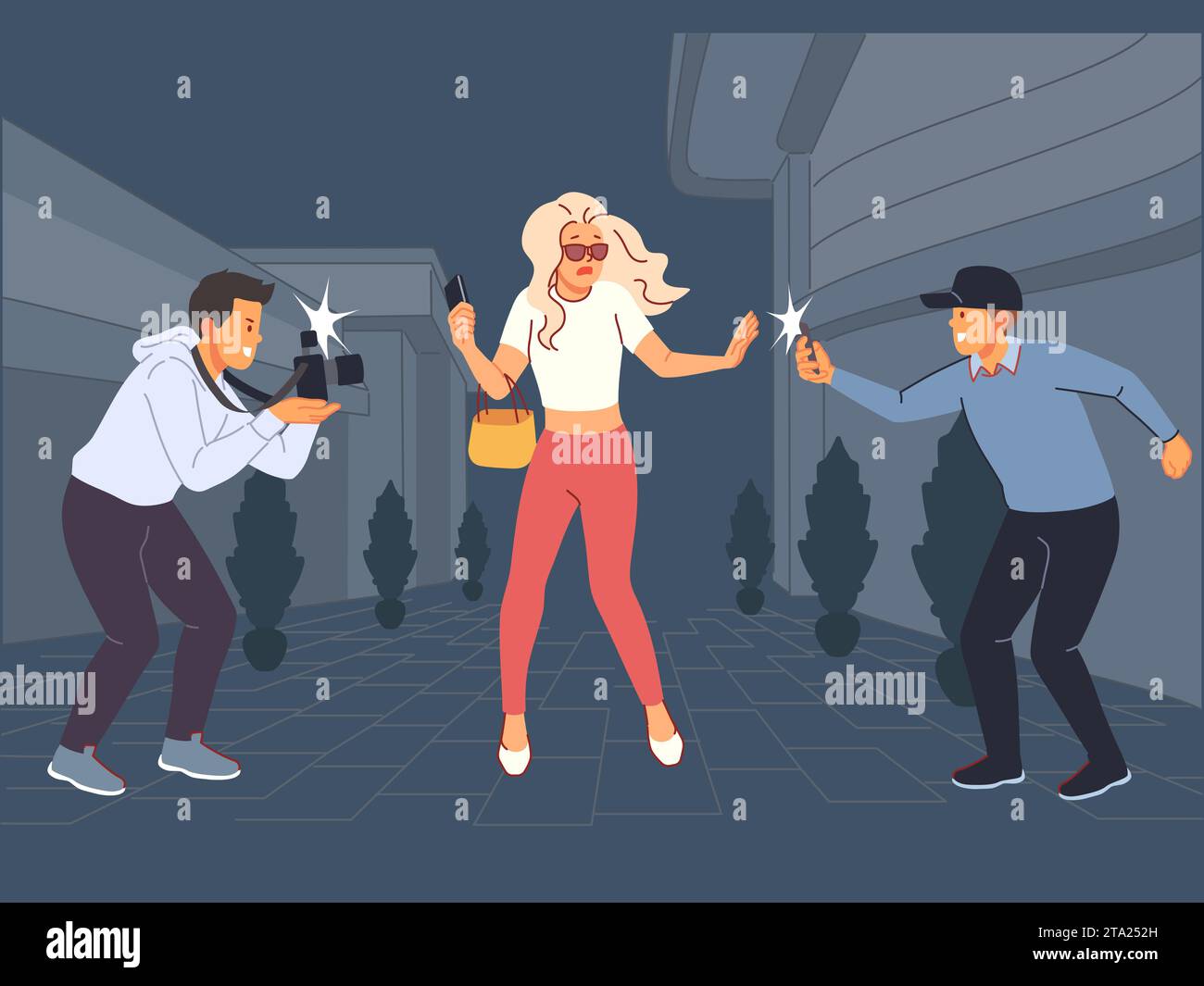 Paparazzi chasing star. Famous personality runs away from photojournalists, beautiful celebrity escapes camera flashes, scared actress on night street Stock Vector