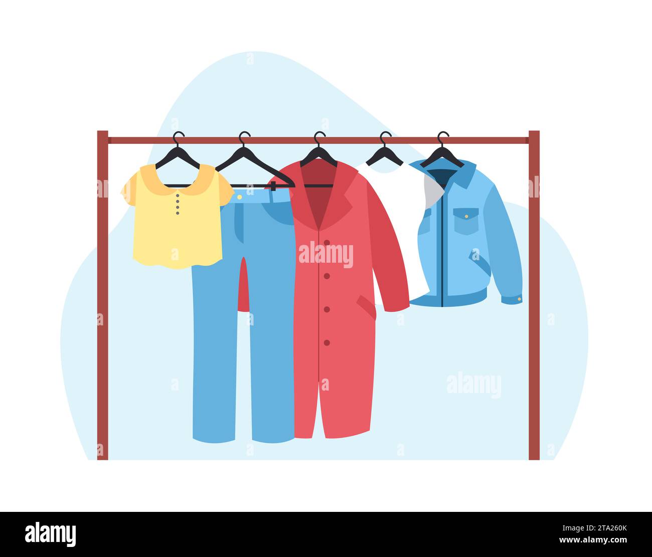 Sale concept, womens clothes hanging on rack. Coat, cotton t-shirt and pants, modern jacket in wardrobe. Female fashion apparel. Discount textile Stock Vector