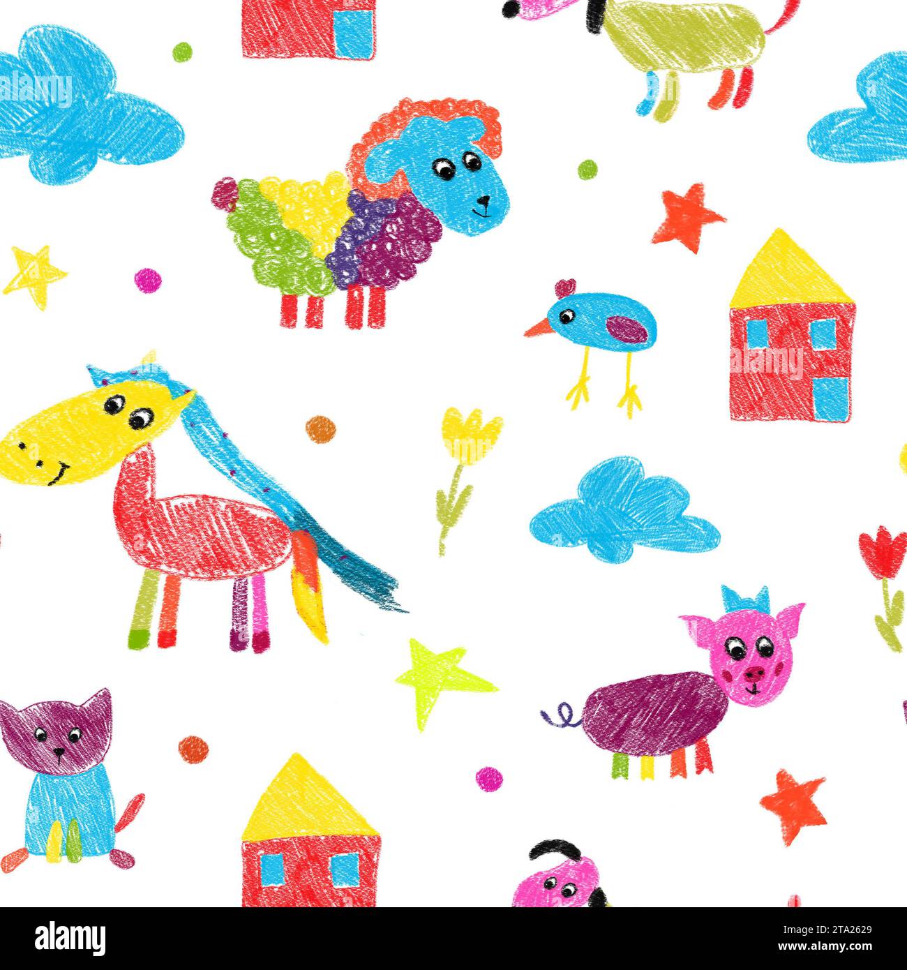 Pattern with hand-drawn farm animals on a white background. Children's ...