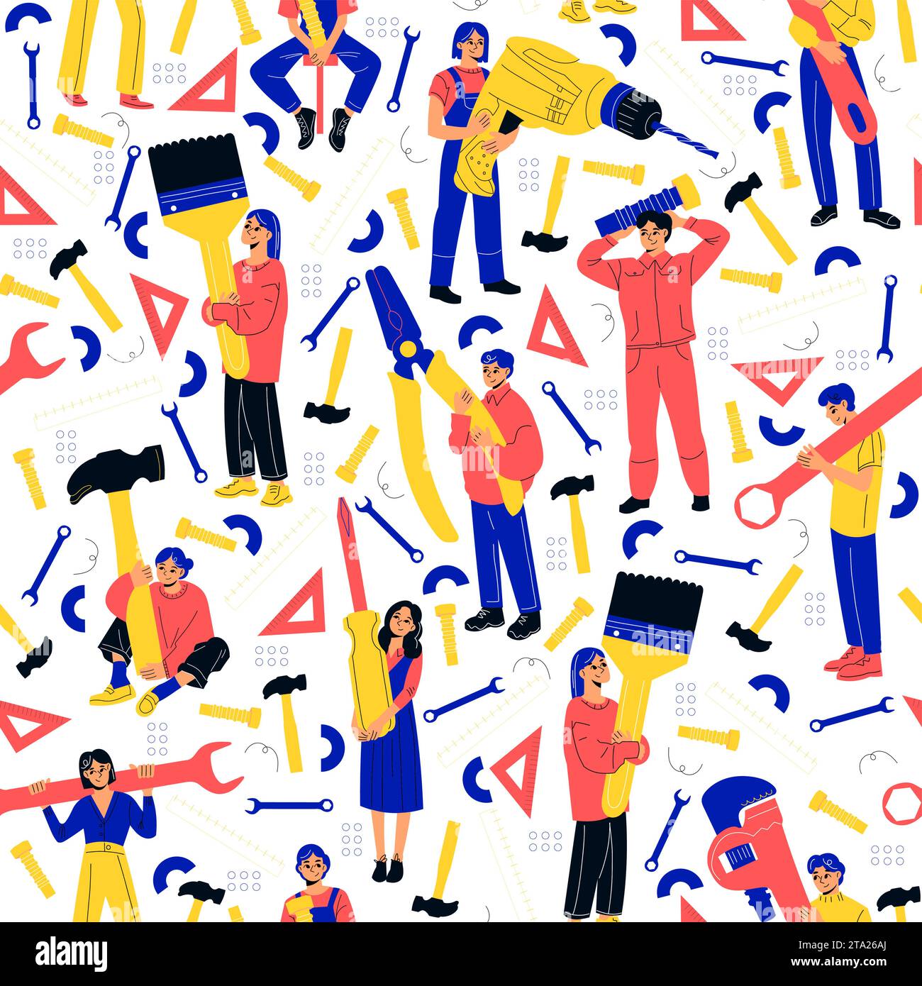 Seamless pattern with people and tools. Mechanics and contractors ...